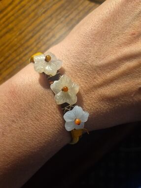 White Jade Flower Bracelet with Amber Accents Adjustable